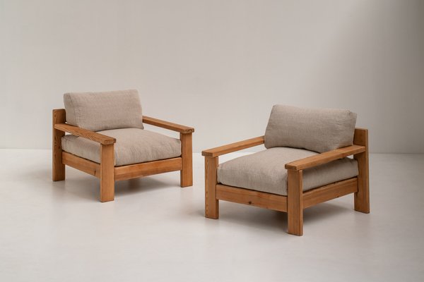 Mid Century Modern Minimalistic Armchairs in Natural Wood Italy 1970s Set of 2