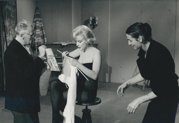 Marilyn Monroe Knitting on Set of Let's Make Love, USA, Black and
