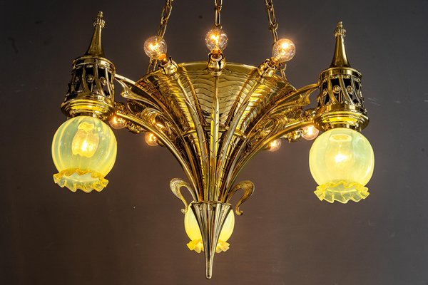 Art Nouveau Chandelier with Opaline Glass Shades, Vienna Art Nouveau Chandelier with Opaline Glass Shades, Vienna