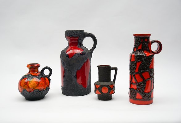 Vintage German Red and Orange Fat Lava Ceramic Vases, 1960s, Set