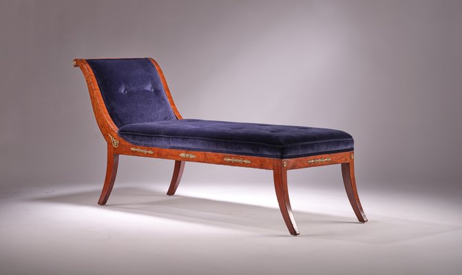 Antique French Empire Chaise Longue in Rich Blue Velvet, France