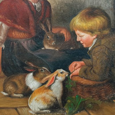 Van Barren, Children and Rabbits, 1871, Oil on Panel, Framed for