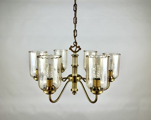 Vintage Brass Chandelier with Six Glass Lampshades, Germany, 1970s for sale  at Pamono