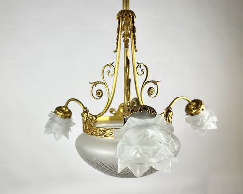 Antique French Art Deco Style Glass and Bronze Chandelier, 1920s