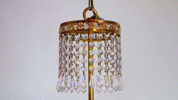 Grand Lustre Ancien En Laiton Et Cristal - 9 Lumières - 2 Étages - Style Rétro