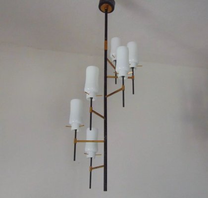 Chandelier by Stilnovo in metal, brass & glass, 1950s | #65841 Chandelier by Stilnovo in metal, brass & glass, 1950s | #65841