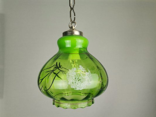 Mid Century French Country Style Emerald Green Glass Hanging Lamp 1970s