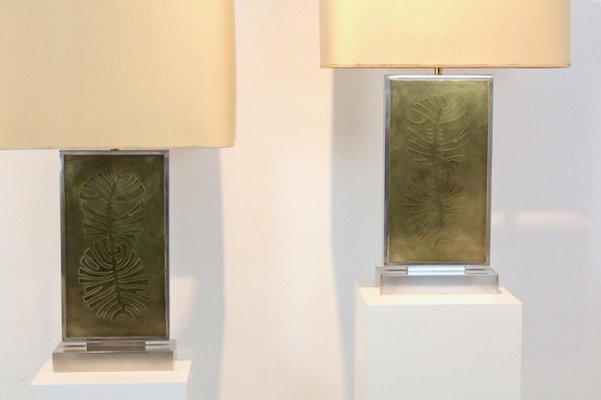 Philodendron Etched Table Lamps in Brass by Roger Vanhevel Set of 2