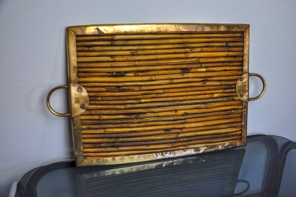 Rattan and Brass Tray, Italy, 1970s for sale at Pamono
