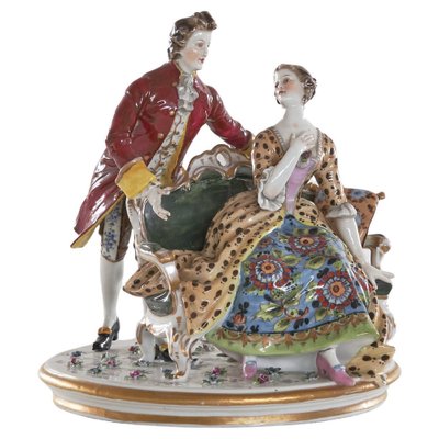 Antike handbemalte romantische Porzellanfigurengruppe im Meissener Stil, 1890er