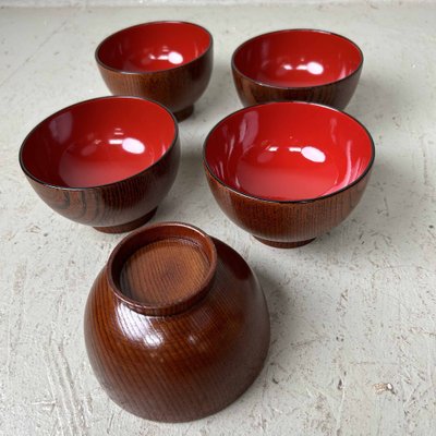 Lacquerware Rice Bowls from Aizu, Japan, 1950s, Set of 5 for sale