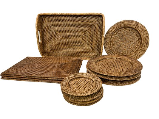 Vintage Rattan Plates, Placemats and Food-Covers, 1970s, Set of 13 for sale  at Pamono