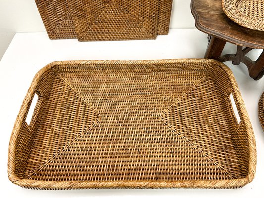 Vintage Rattan Plates, Placemats and Food-Covers, 1970s, Set of 13 for sale  at Pamono