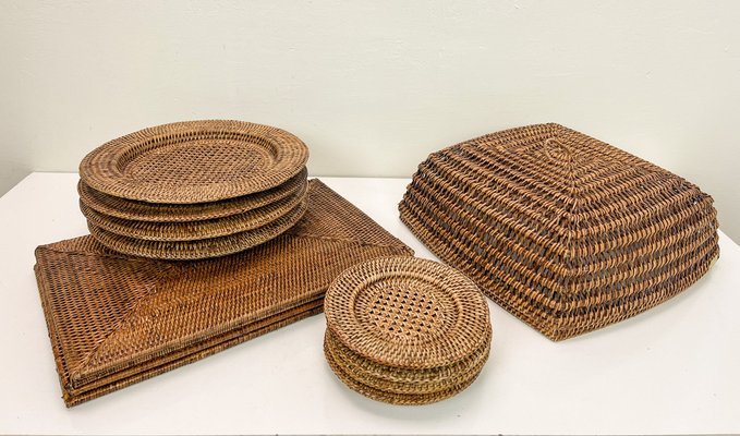 Vintage Rattan Plates, Placemats and Food-Covers, 1970s, Set of 13 for sale  at Pamono