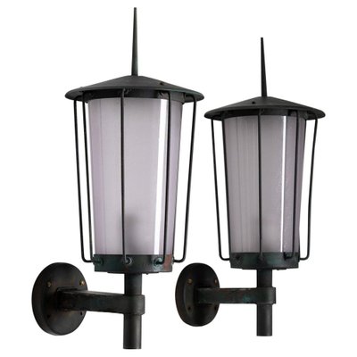 Swedish Outdoor Wall Lamps in Copper and Glass attributed to Hans