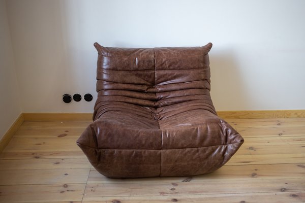 Togo vintage living room set in brown leather by Michel Ducaroy for Ligne  Roset, France 1970