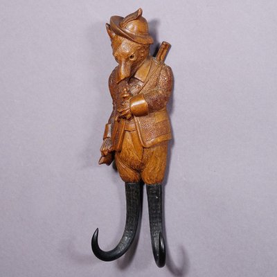 Black Forest Carved Fox Whip Holder or Wall Hook, 1890s for sale