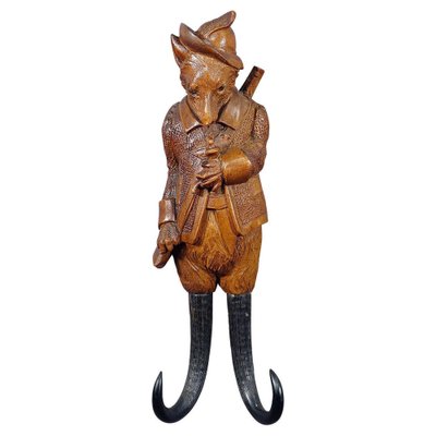 Black Forest Carved Fox Whip Holder or Wall Hook, 1890s for sale at Pamono