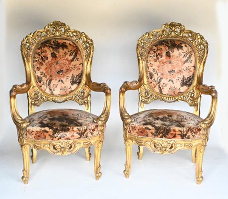 Set of French Art Nouveau Gilt Salon Chairs, 1920s for sale at Pamono