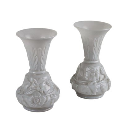 Art Nouveau Milk Glass Vases with Acanthus Leaves, Set of 2
