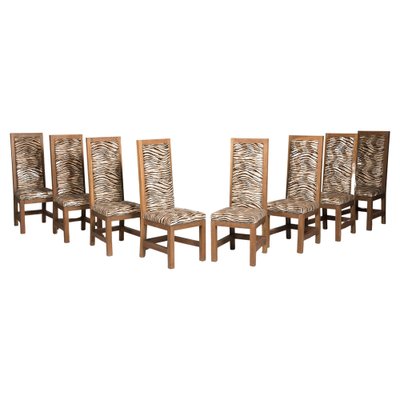Art Deco Oak Velvet Tiger Upholstery Dining Chairs 1930s Set of 8 for sale at Pamono