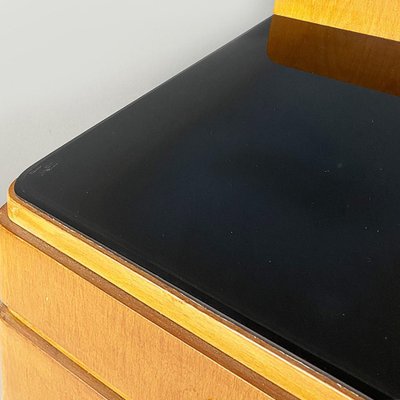 Cabinet with Wooden Drawers, Black Glass Beveled Edge and Brass