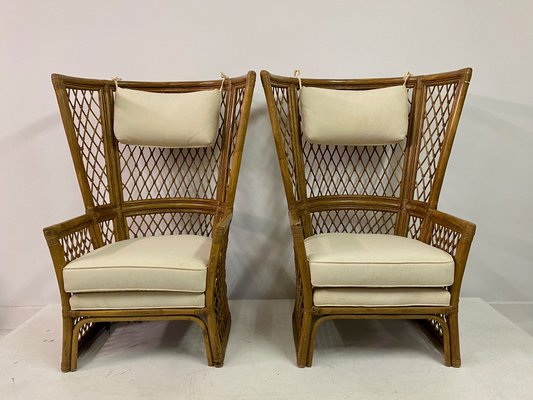 High Back Bamboo Chairs with Ottomans 1980s Set of 4 for sale at Pamono