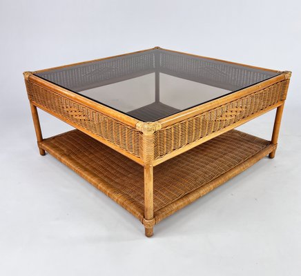 Bamboo and Rattan Coffee Table with Smoked Glass Top 1970s for