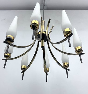 Mid-Century 8 Lights Brass and Opaline Glass Chandelier Mid-Century 8 Lights Brass and Opaline Glass Chandelier