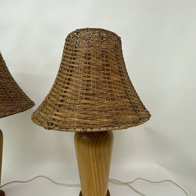 Vintage Wooden Table Lamps with Rattan Shade from Ikea 1980s Set