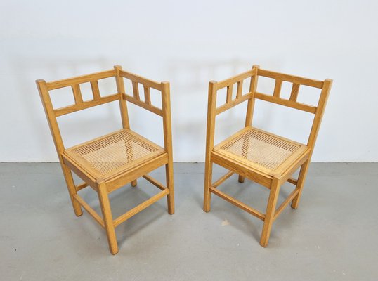 Dutch Brutalist Oak Rattan Webbing Corner Chairs 1960s Set of