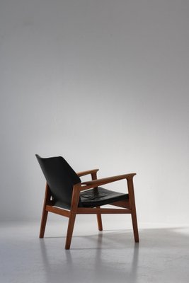Danish Modern Lounge Chair in Patinated Oak & Black Leather