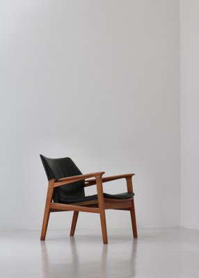 Danish Modern Lounge Chair in Patinated Oak & Black Leather