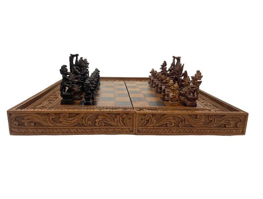 Vintage Wooden Chess Table With Chess Pieces, 1950-1960s for sale at Pamono