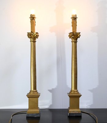 Lampade da tavolo portacandele in stile impero in legno dorato, XIX secolo,  set di 2 in vendita su Pamono