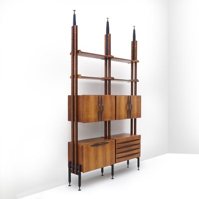 Floor to Ceiling Bookcase in Wood Brass and Leather 1950s