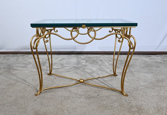Kleiner Goldener Tisch aus Schmiedeeisen & Glas im Stil von Drouet Spirit, 1970er bei Pamono kaufen