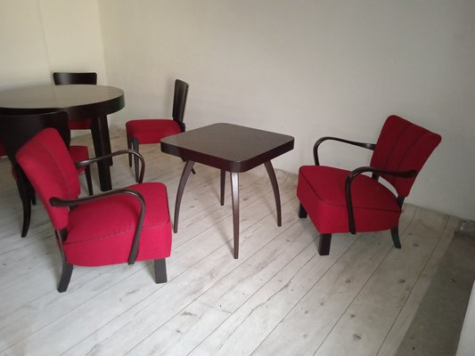 Round Oak Bistro Tables with Dining and Armchairs by Jin ich Halabala for Up Zavody 1940s Set of 8 for sale at Pamono
