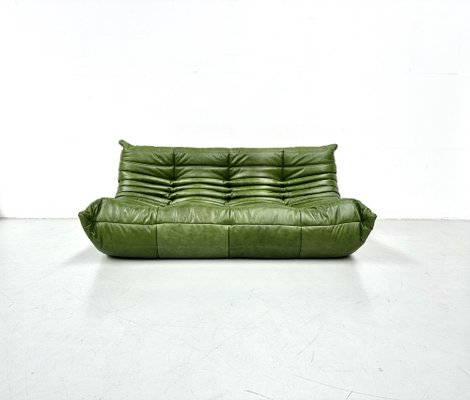 French Togo Chair and Ottoman in Green Leather by M. Ducaroy for