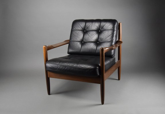 Mid-Century Danish Black Leather and Wood Lounge Chair by Grete