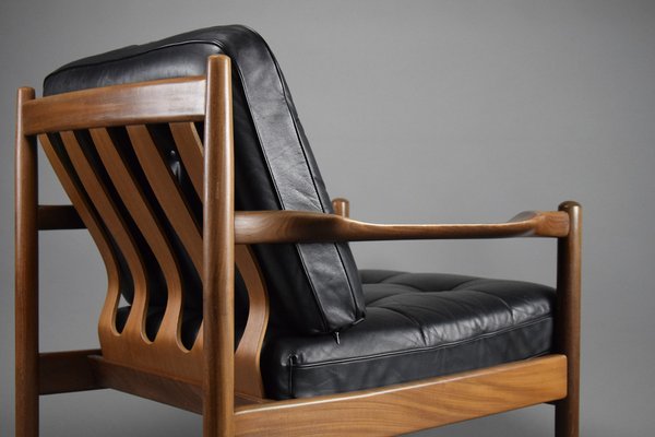 Mid Century Danish Black Leather and Wood Lounge Chair by Grete Jalk 1955