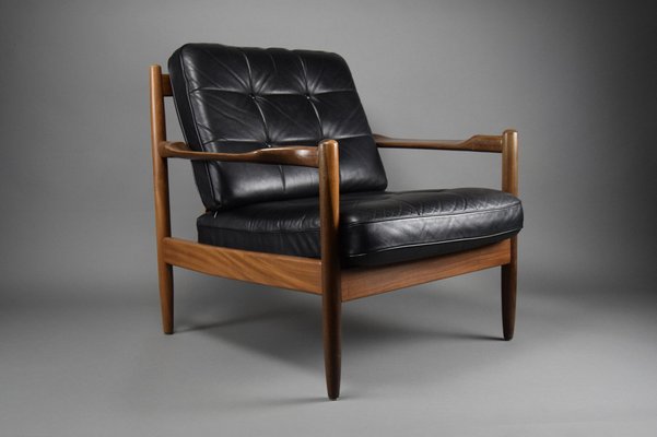 Mid-Century Danish Black Leather and Wood Lounge Chair by Grete