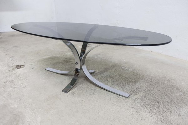 Oval Coffee Table in Chrome and Smoked Glass 1970 for sale at Pamono