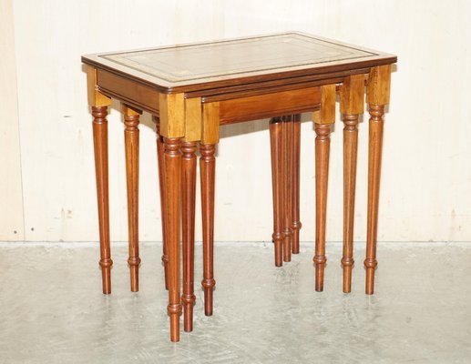 Vintage Nest of Three Hardwood with Gold Leaf Embossed Green Leather Tops Tables Set of 3