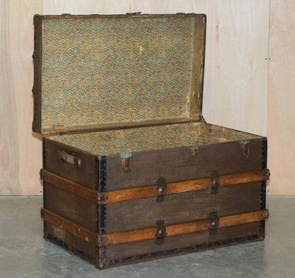Victorian Leather Elm & Canvas Steamer Trunk Chest Coffee Table