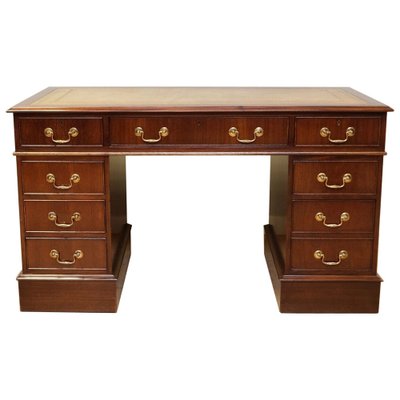 Hardwood Desk with Light Brown Leather Desk Top and Gold Leaf