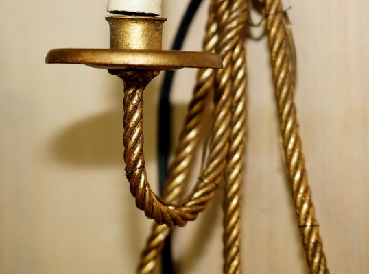 Vintage Gold Gilt Rope Twist Tassel Three Branch Wall Light with Candle Mounts 1960s
