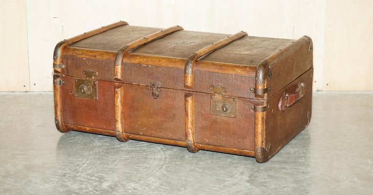 Antique Victorian Leather Elm & Canvas Steamer Trunk, 1880s for