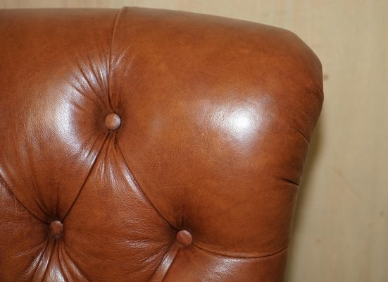 Brown Leather Chesterfield Armchair Ottoman Set of 2 for sale
