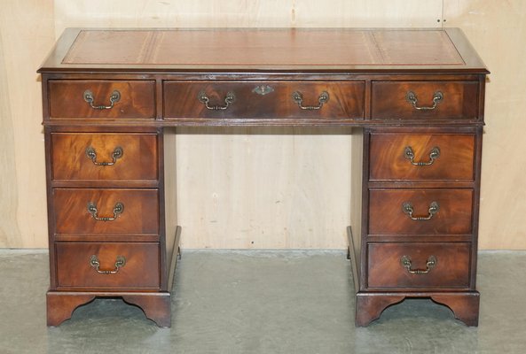 Vintage Oxblood Leather Twin Pedestal Partner Desk with Gold Leaf